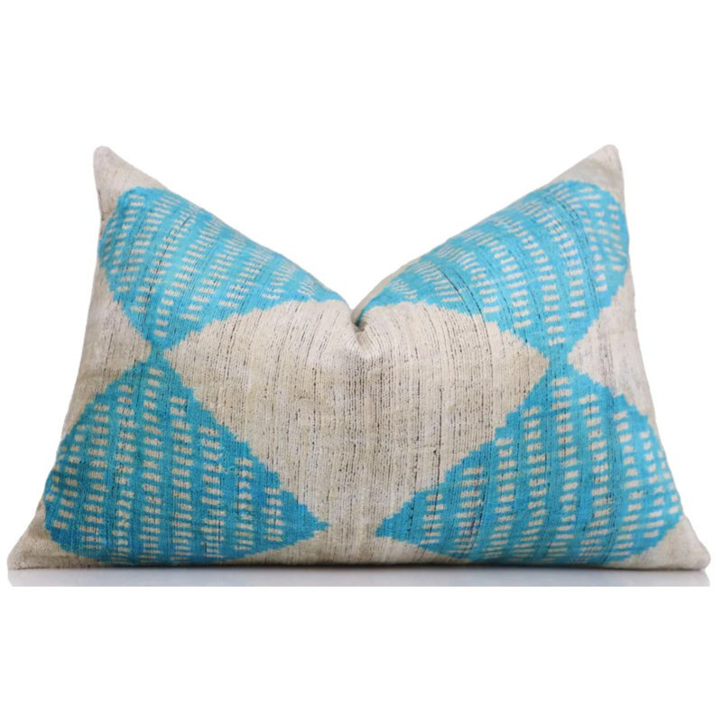 Coussin en velours de soie turquoise fait à la main 16 x 24 po - Coussin lombaire géométrique de luxe