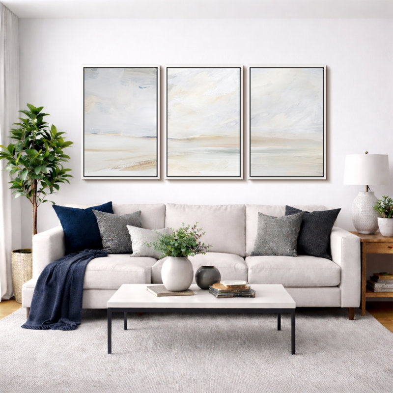 «Minimal Landscape», Mere Serene Coastal Beach, H 36 po x l 72 po, Blanc