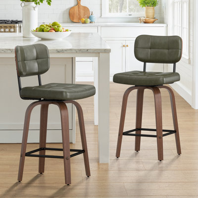 26" Counter Height Swivel Bar Stools,Pu Leather & Bentwood Back Bar Stools For Kitchen(Set of 2)