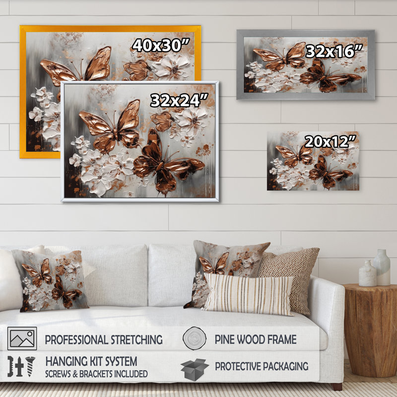 Rouzer Gold Butterfly Wings and Flowers II sur toile, H 24 po x l 32 po x P 1 po, Cadre flottant doré