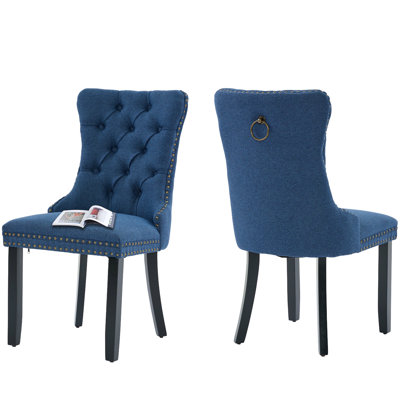 Modern Tufted Linen Upholstered Dining Chairs With Wood Legs Nailhead Trim(Set of 2)