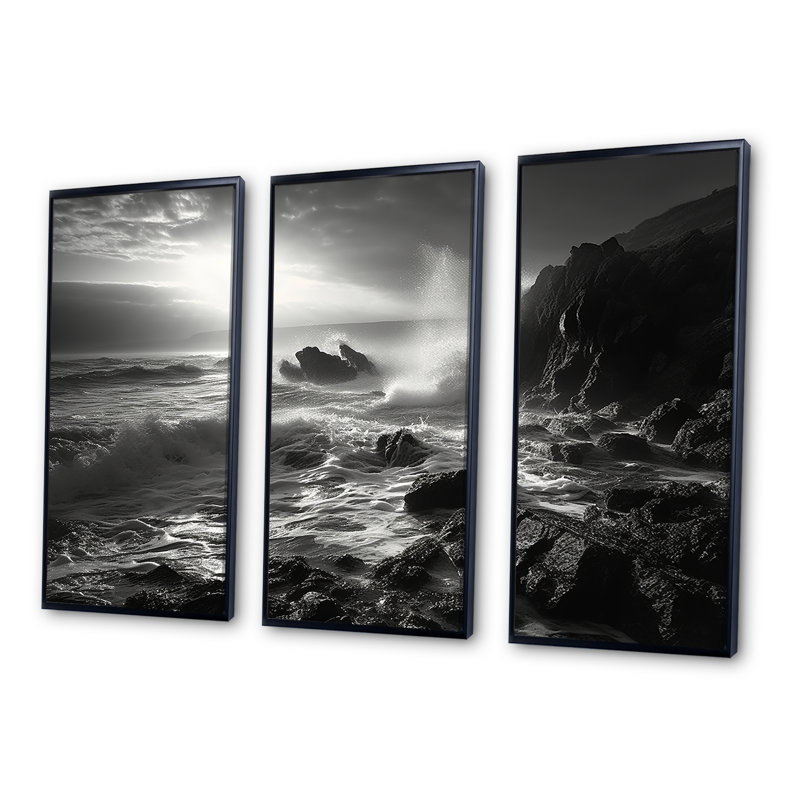 «Rocky Beach Scenery», ensemble d'art mural sur toile océan, Cadre flottant noir, H 28 po x l 36 po x P 1 po