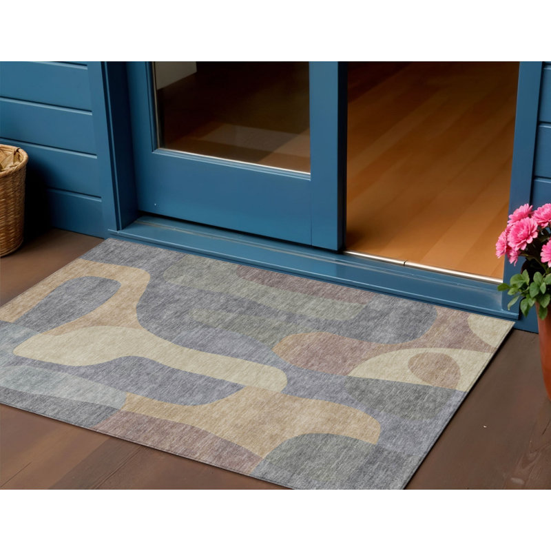 3' X 5' Gray And Gold Abstract Washable Indoor Outdoor Area Rug