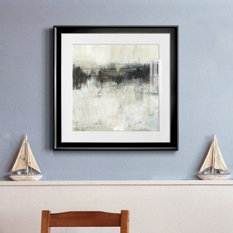 " Neutral Horizon Line I ", 24" H x 24" W x 1" D, Black Framed Paper, White