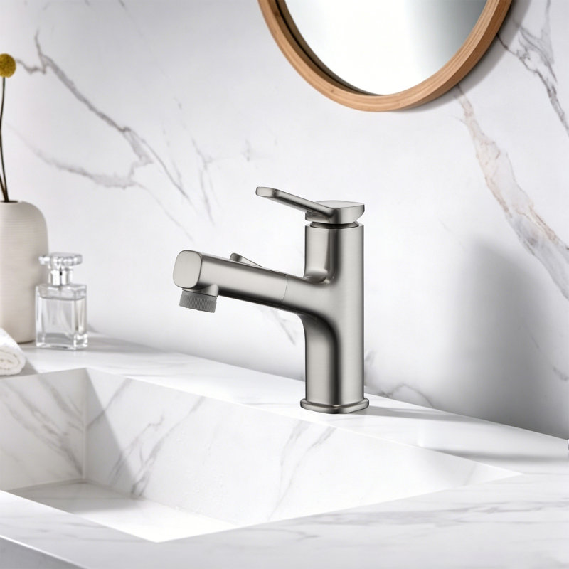 Robinet pour salle de bain à poignée simple avec douchette extractible, Nickel brossé