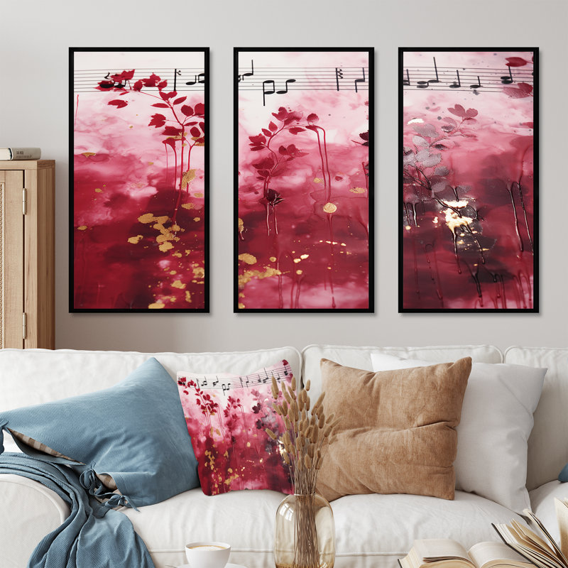 «Pink Music Notes Extravaganza» - musique, art mural, H 28 po x l 36 po x P 1 po, Cadre flottant noir