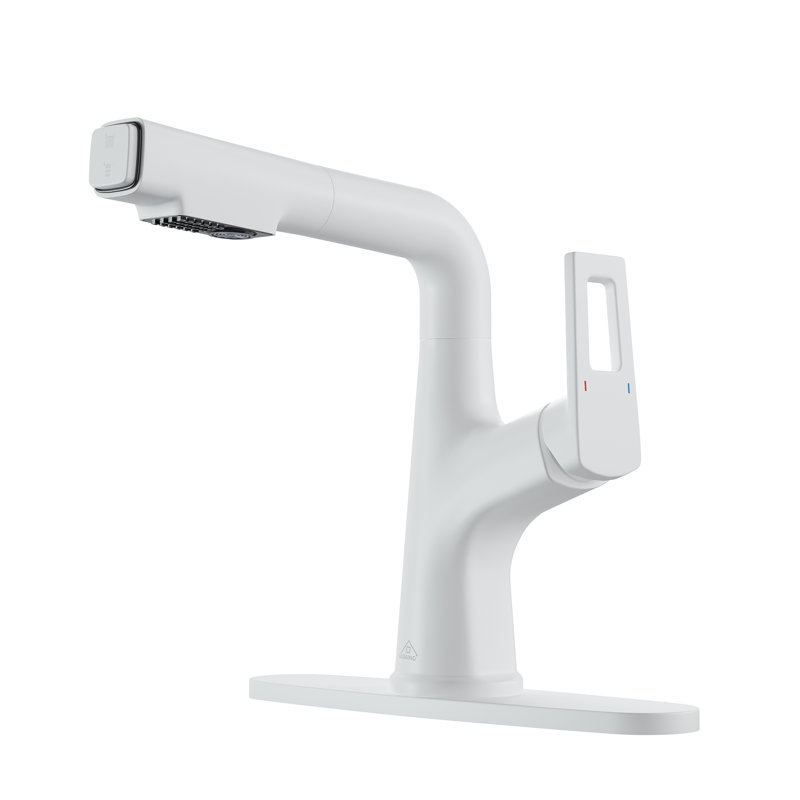 CASAINC Single-Handle Pull-Out Bathroom Faucet Single Hole Faucet with Deck Plate, Matte White