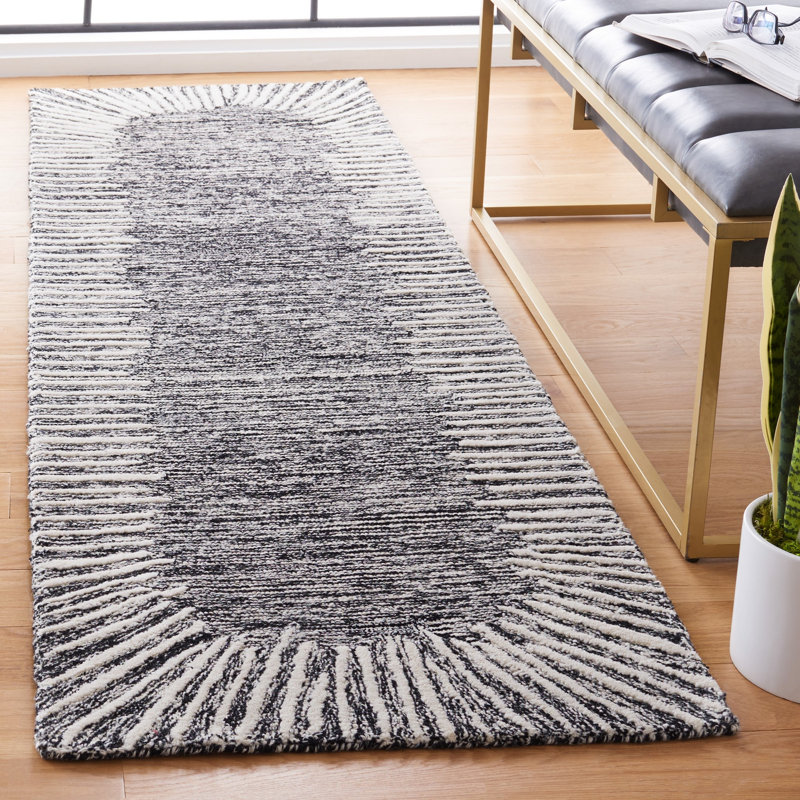 Janyla Hand Tufted Wool/Cotton Abstract Rug in Black/Ivory, Runner 2'3" x 6'