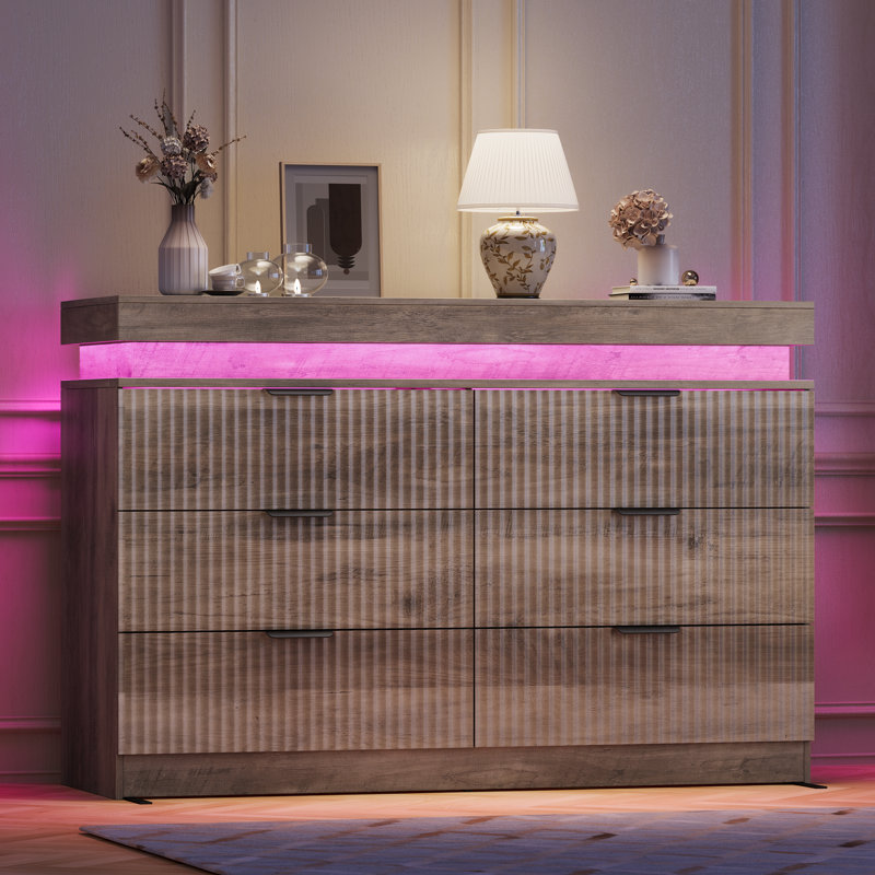 Commode de chambre à coucher à 6 tiroirs l 47,2 po avec prise électrique, Grey