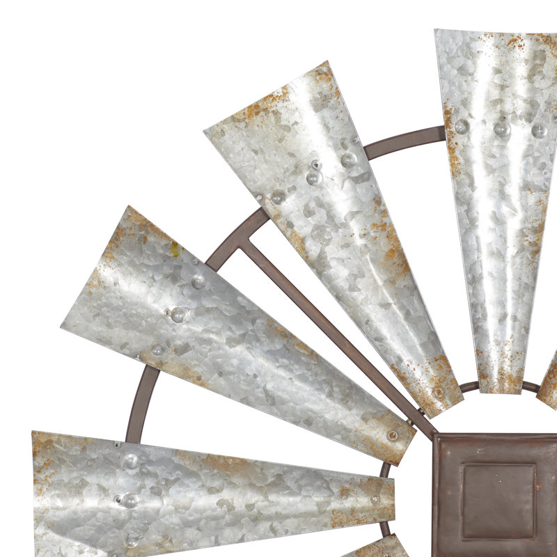 Metal Distressed Galvanized Windmill Silver Wall Decor with Rust Frame, 30" H x 30" W x 1" D