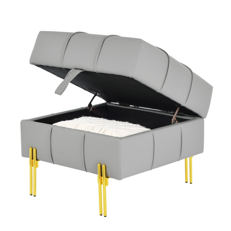 22 Inches Anti-Scratch Leather Storage Ottoman, Pet Friendly Entryway Bench With Golden Stainless Steel Legs, Gray, Gray