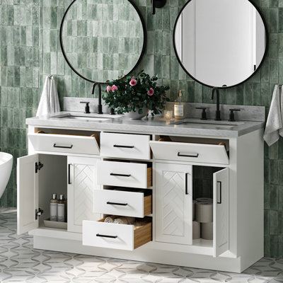 Chevron 61 Inch Double Rectangle Vanity Bathroom Vanity with Carrara White Marble Countertop 1.5 Inch in White