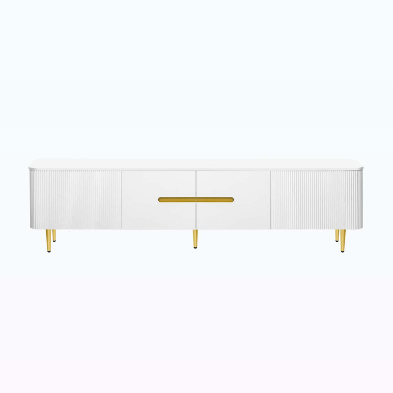 Console multimédia moderne avec 4 armoires spacieuses, Blanc / Doré, Blanc