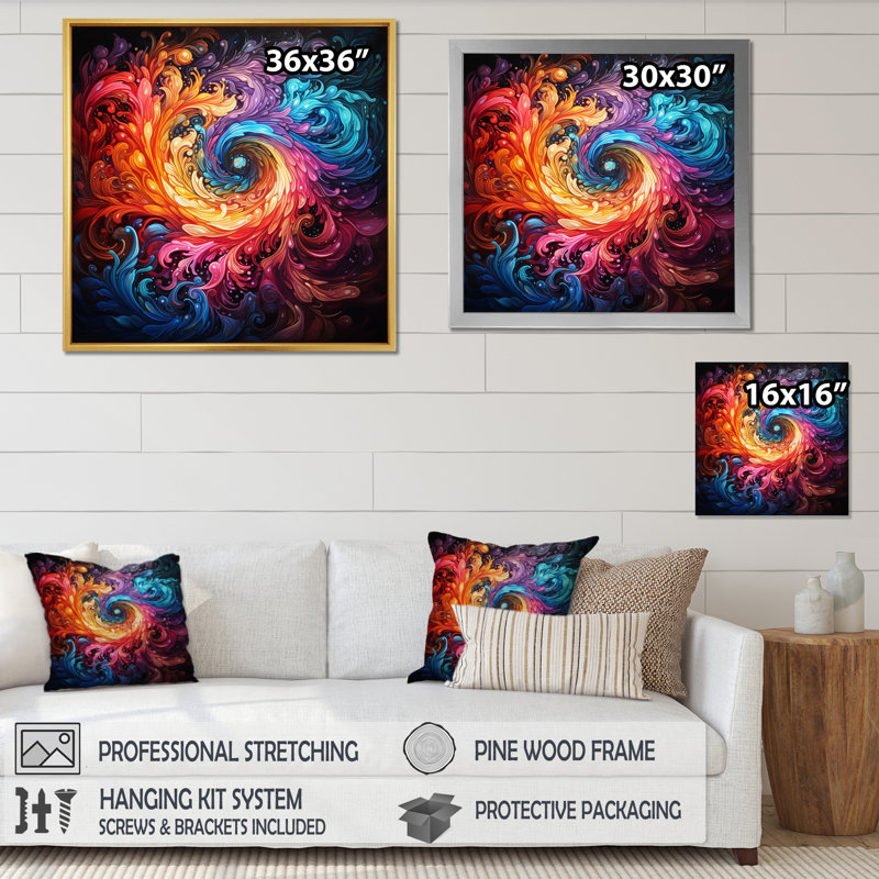 Neon Spin II sur toile, Cadre flottant doré, H 24 po x l 24 po x P 1 po