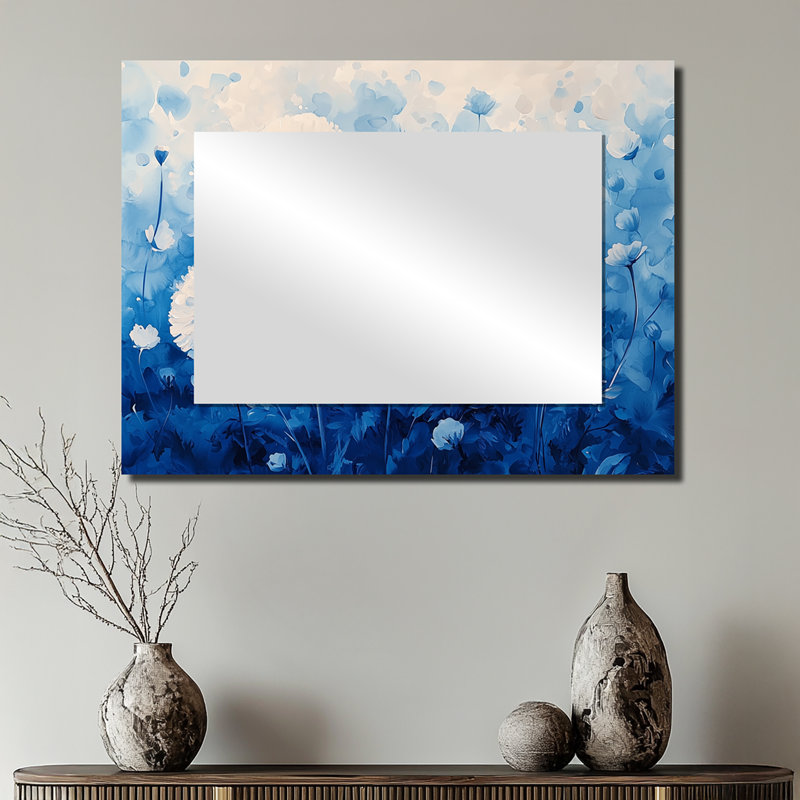 Soft Dandelion Glow In Blues Watercolor I - Floral Mirror For Wall Art Decor - Printed On Metal, 24" x 32"