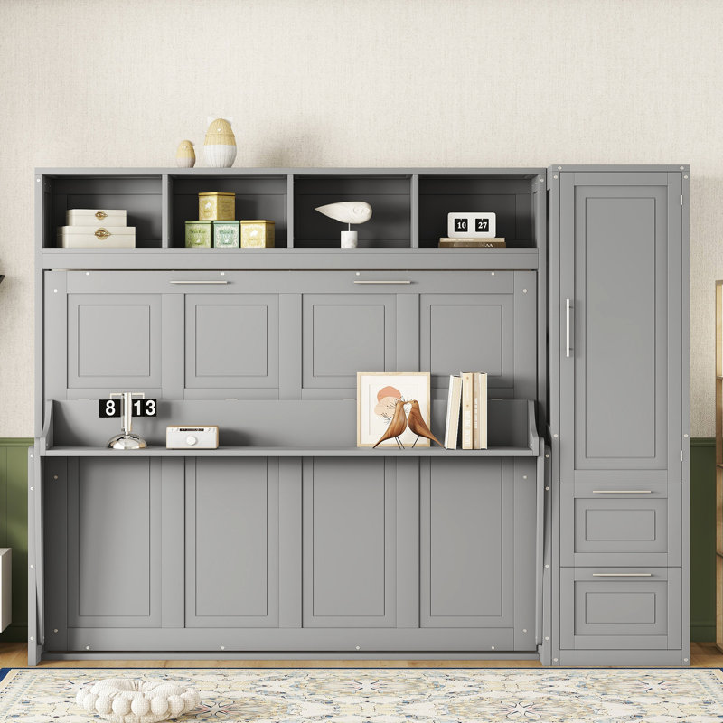 Lit avec tiroir et armoire - Grand lit, grand lit gris et rangement