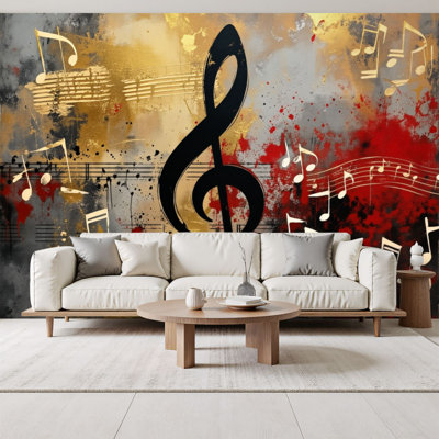 Graffiti Musical Peel and Stick Wallpaper Abstract Musical Treble Clef Notes Gold Red Gray Splash Wall Murals 100"H x 144"W Removable PVC Wall Paper Self-Adhesive Wall Decor for Music Studio Bedroom Classroom Home