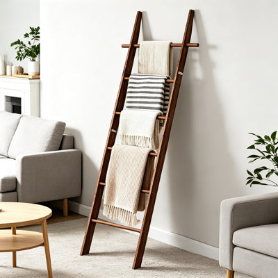 Échelle de couverture en bois de ferme avec crochets amovibles, porte-serviettes décoratif rustique, support à plusieurs niveaux pour couvertures, courtepointes, serviettes et décor de salon ou de salle de bain