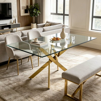 Table de salle à manger rectangulaire moderne en verre trempé avec cadre en métal doré 59,06 pouces