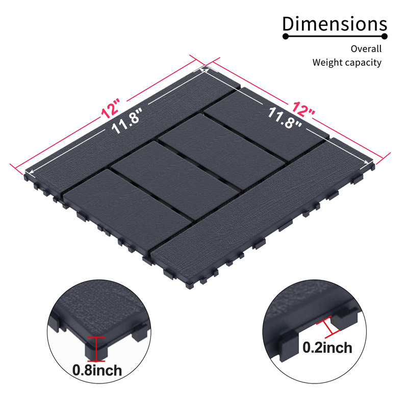 Carreaux de terrasse en plastique emboîtables, paquet de 44 tuiles de patio, 12 po x 12 po carré imperméable pour utilisation extérieure toutes saisons, tuiles de patio extérieur et intérieur pour balcon de piscine