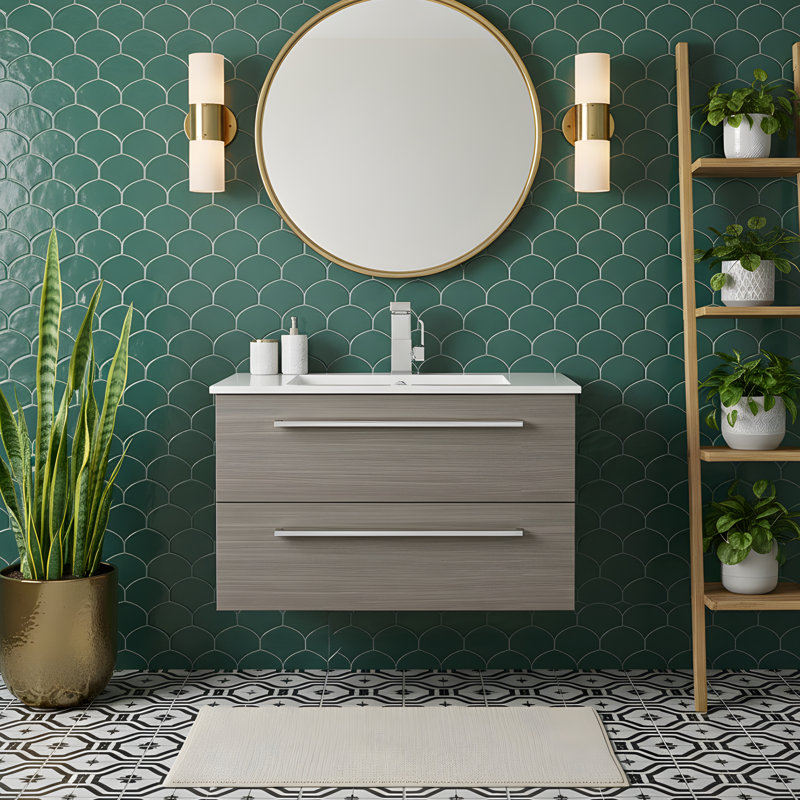 Meuble-lavabo simple de 30 po pour la salle de bain avec comptoir en marbre synthétique Silhouette, Aria