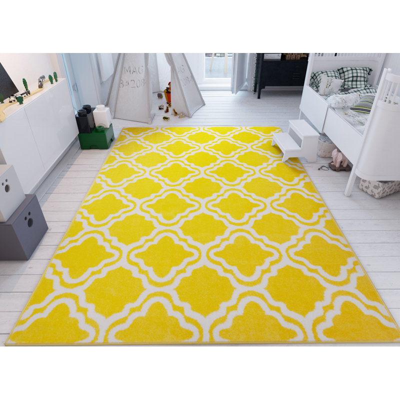 Arbaaz Star Bright Yellow/White Kids Trellis Playroom Rug, Rectangle 100 x 150cm