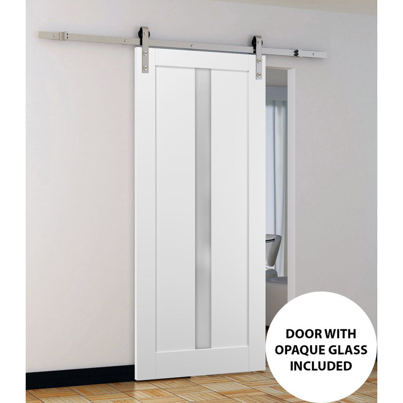 Porte coulissante de style grange avec quincaillerie de 2 m (6,6 pi) Quadro 4112 Blanc Soie avec rails en verre opaque dépoli, supports de rail robustes en bois massif argenté, portes intérieures à panneaux massifs - 61 cm x 244 cm (24 po x 96 po) - Rail argenté