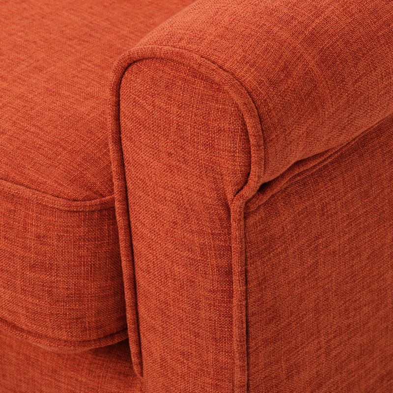 Confortable pour les soirées de détente, recouvert de tissu, roulé, pattes de bouleau au fini brun, l 50,28 po x P 29,4 po, H 32,11 po, revêtement en tissu orange, avec roulettes d'accoudoirs subtiles et brun