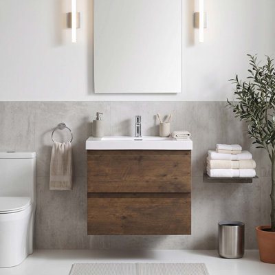 Meuble-lavabo suspendu flottant en palissandre de 61 cm (24 po), lavabo intégré en résine et carbonate de calcium, tiroirs coulissants en forme de U, préassemblé