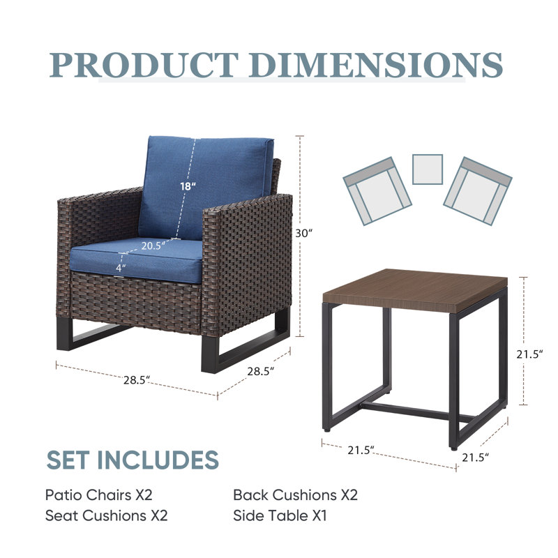 Naresa 3-Piece Wicker Patio Chair Set With Side Table  All-Weather PE Rattan, UV-Resistant Cushions, Blue