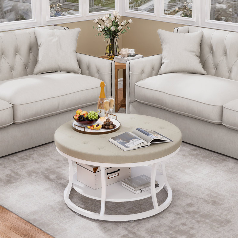 Large Round Ottoman Coffee Table With Storage Shelf, 31.5 Inch Tufted Linen Upholstered Footrest Stool, Modern Accent Ottoman With Sturdy Metal Legs For Living Room, Bedroom, Dorm Decor, Beige