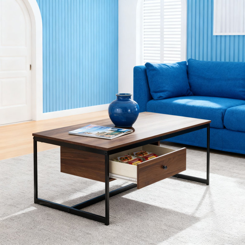 Industrial Modern Coffee Table With Drawer & Storage Shelf, Minimalist Wood Centre Table For Living Room, Durable & Space-Saving Design