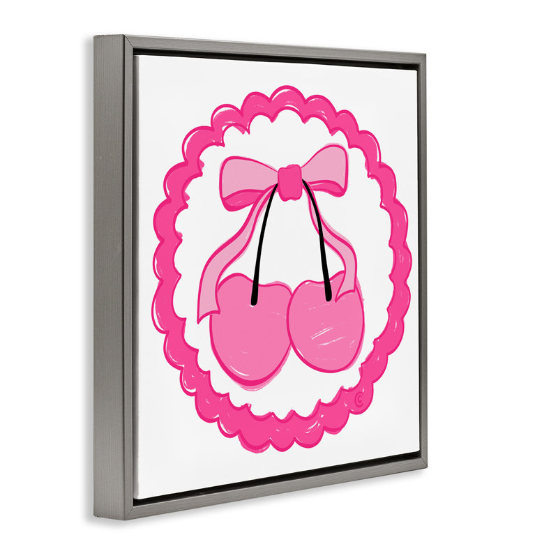 Art mural sur toile "Pink Cherries & Bow Floater" par Carrie Cantwell, Cadre flottant gris lustré, H 25 po x l 25 po