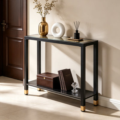 Console de 40,92 pouces de long et étroite à deux niveaux avec tablette en verre (or et noir) - convient aux couloirs, entrées, salons, vestibules, couloirs et bureaux