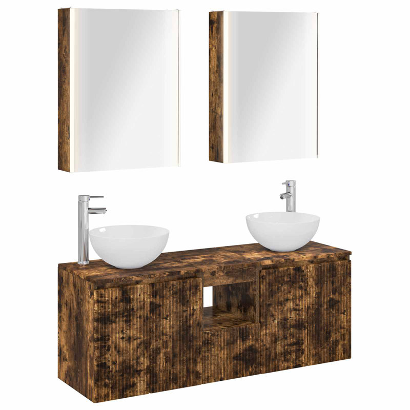 Vanity & Mirror Set, Smoked Oak