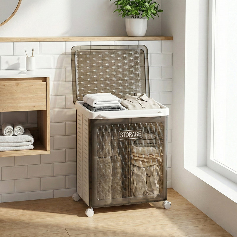 Foldable Laundry Basket with Wheels, 61.7cm H x 46.3cm W x 33cm D, Black