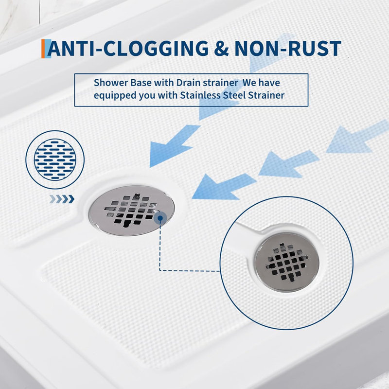 Base de douche L 48 po x l 32 po avec drain en acier inoxydable, plateau et plateau de douche antidérapants avec surface solide, drain central