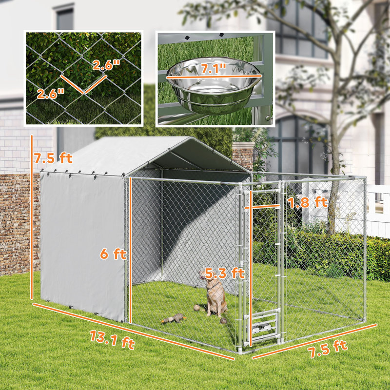 Galvanized Chain Link Large Outdoor Dog Kennel with Waterproof & UV-Resistant Cover, for M&L Dogs, 13.1' x 7.5' x 7.5'