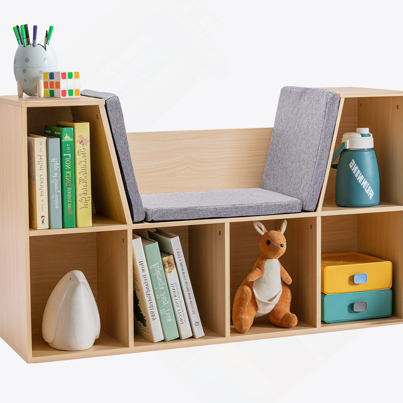 Bibliothèque pour 6 enfants avec coin lecture et coussin, rangement polyvalent pour chambre à coucher, Naturel