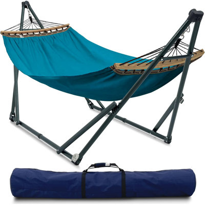 Tymesha Tranquillo Hammock with Stand Heavy-Duty, Quick Fold Unfold Steel Frame Hammock Net Canvas, Blue