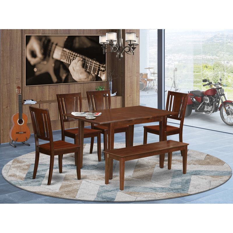 6 Piece Dining Set Contains a Rectangle Dining Room Table with Butterfly Leaf and 4 Kitchen Chairs with a Bench, Mahogany