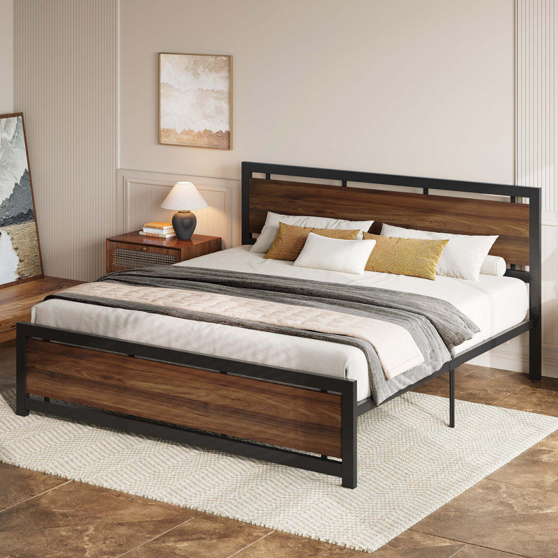 Bed Frames with Headboard and Strong Metal Support Frame, Easy Assembly, Noise-Free, California King, Walnut