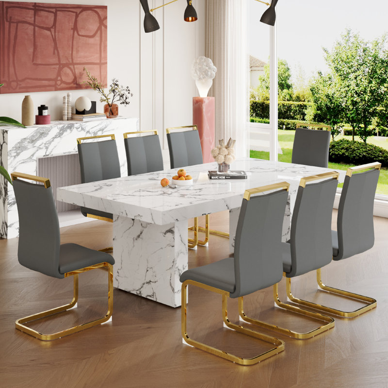 Ensemble de table de salle à manger en bois pour 8, Gris, 9 pièces : table, 8 chaises