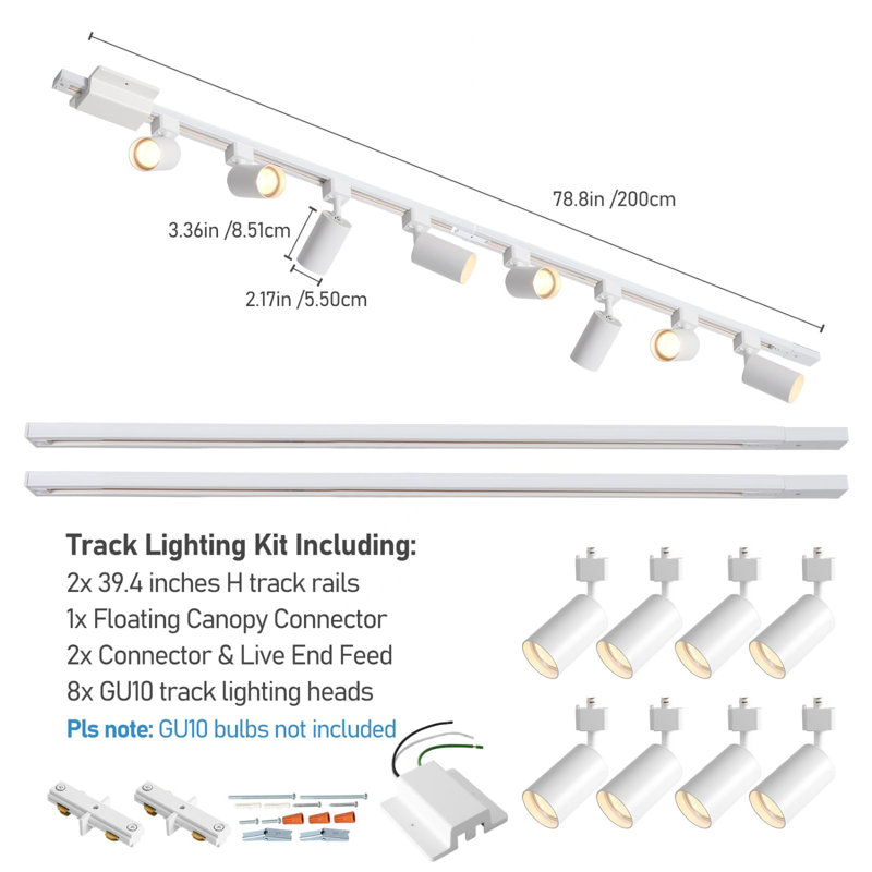 Ensemble d'éclairage sur rail blanc 8 lumières DEL, rail en H 6,6 pi, projecteurs de plafond GU10 (sans ampoules)