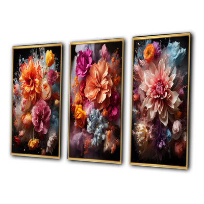«Collage of Vibrant Blossoming Dahlia Flowers», 3 pièces sur toile
