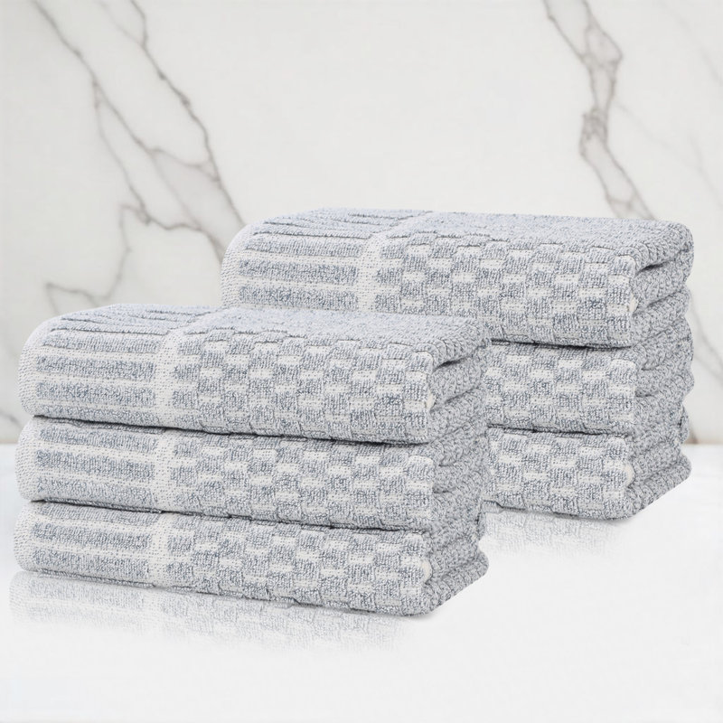 Juno Viscose Cotton Blend Medium Weight Textured Checkered Ribbed Border Hand Towels, Hand Towel - 6 Pack, Denim Blue
