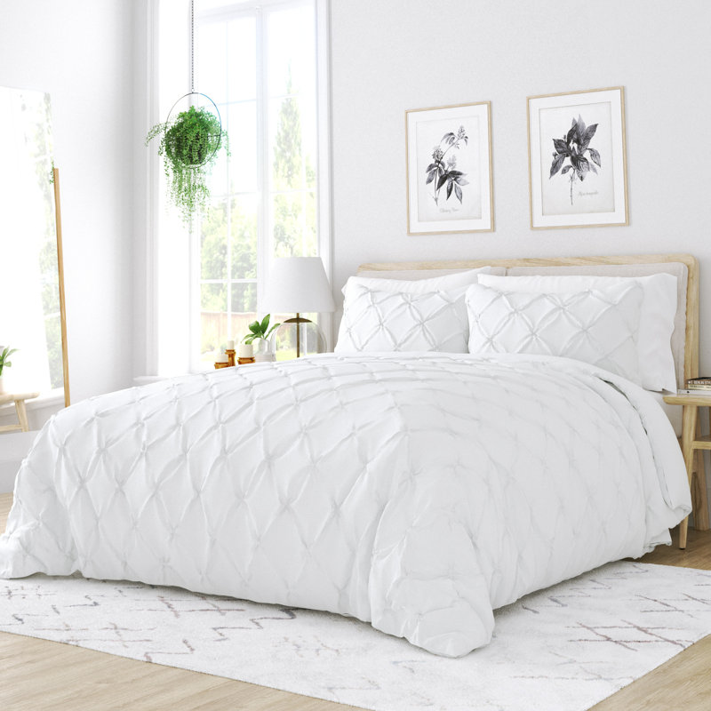 Pinch Pleat Textured Duvet Cover Set, White, King Duvet Cover + 2 Shams