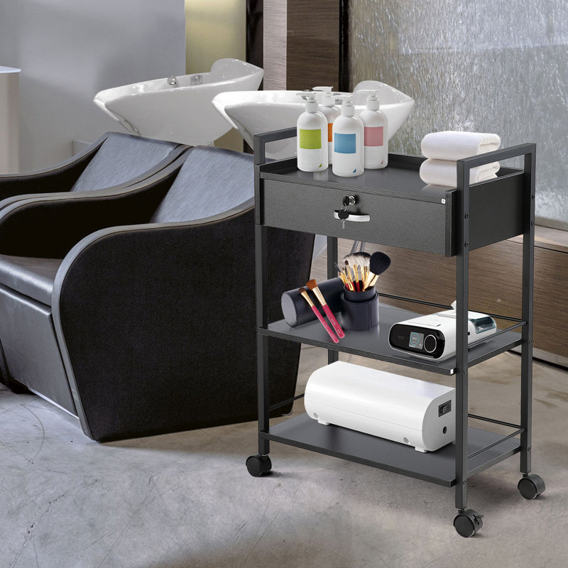 Black Medium MDF and Steel 3-Tier Salon Trolley Cart with Lockable Drawer
