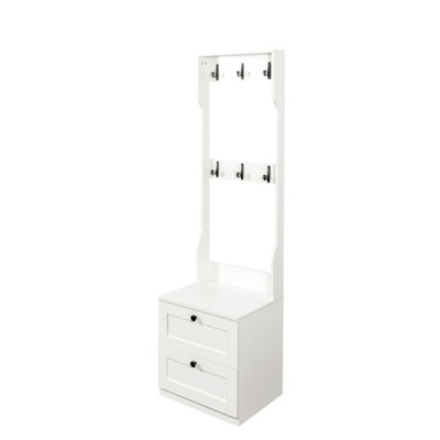 White 21 Wood Coat Rack And Bedside Organizer With Ample Hanging Drawer Space, For Bedroom Small Corners Freestanding Nightstand, Double Drawers Organized Storage Of Clothing Personal Items In