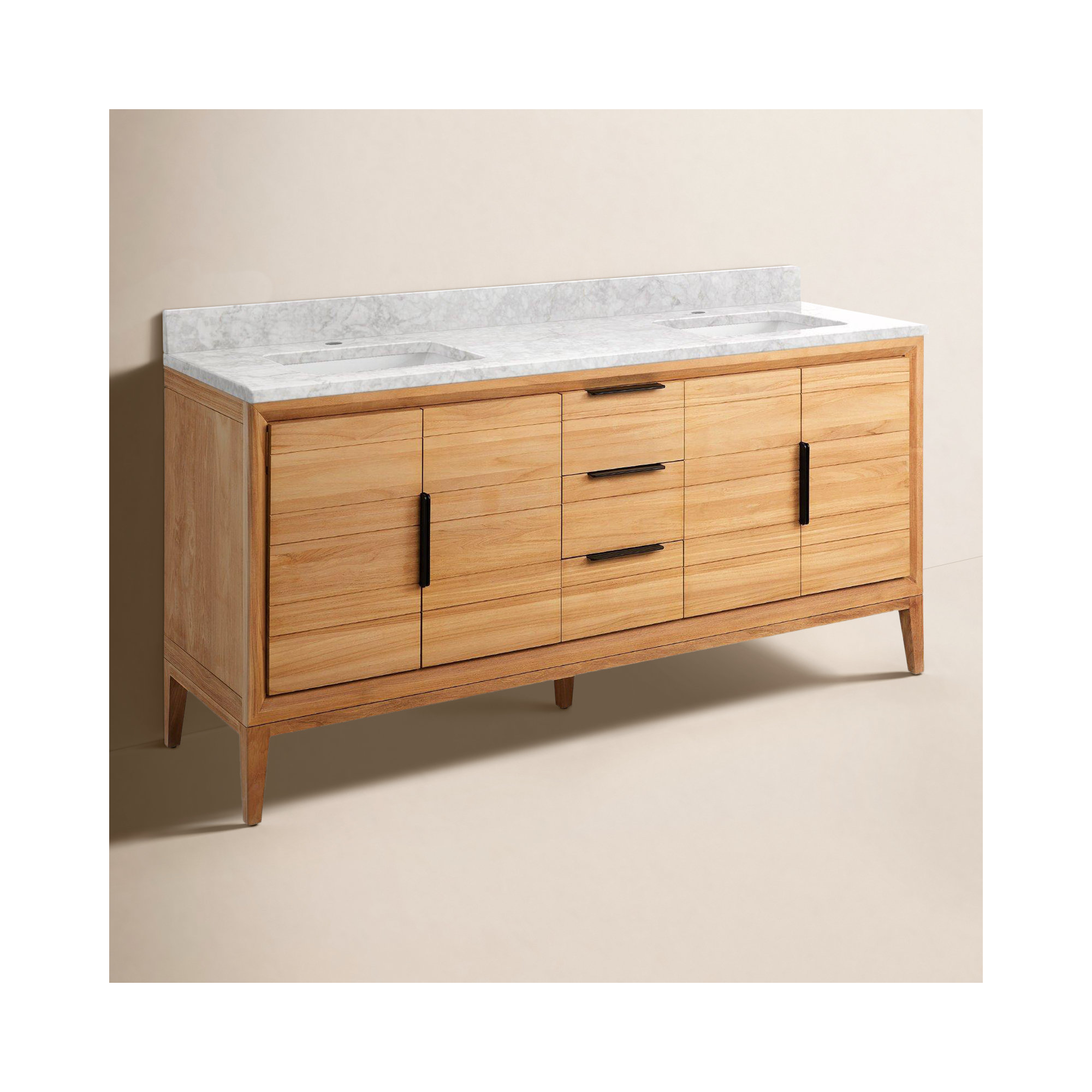 Aliso 72" Double Bathroom Vanity, Carrara Marble, Single-Hole Centered, Natural Teak